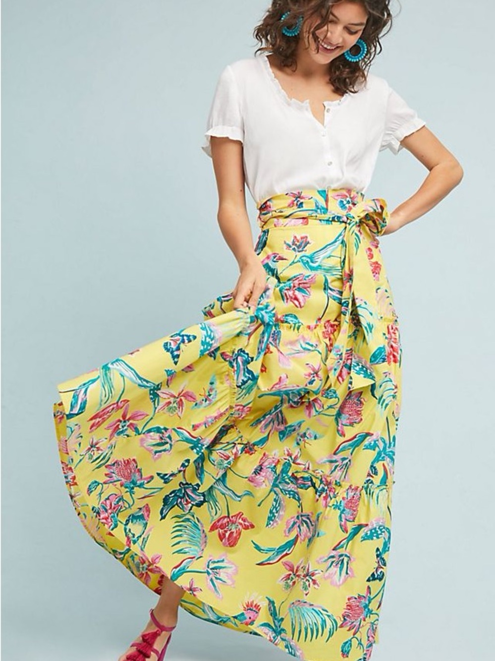 Banjanan Yellow Tropical Floral Maxi Skirt with Waist Tie
